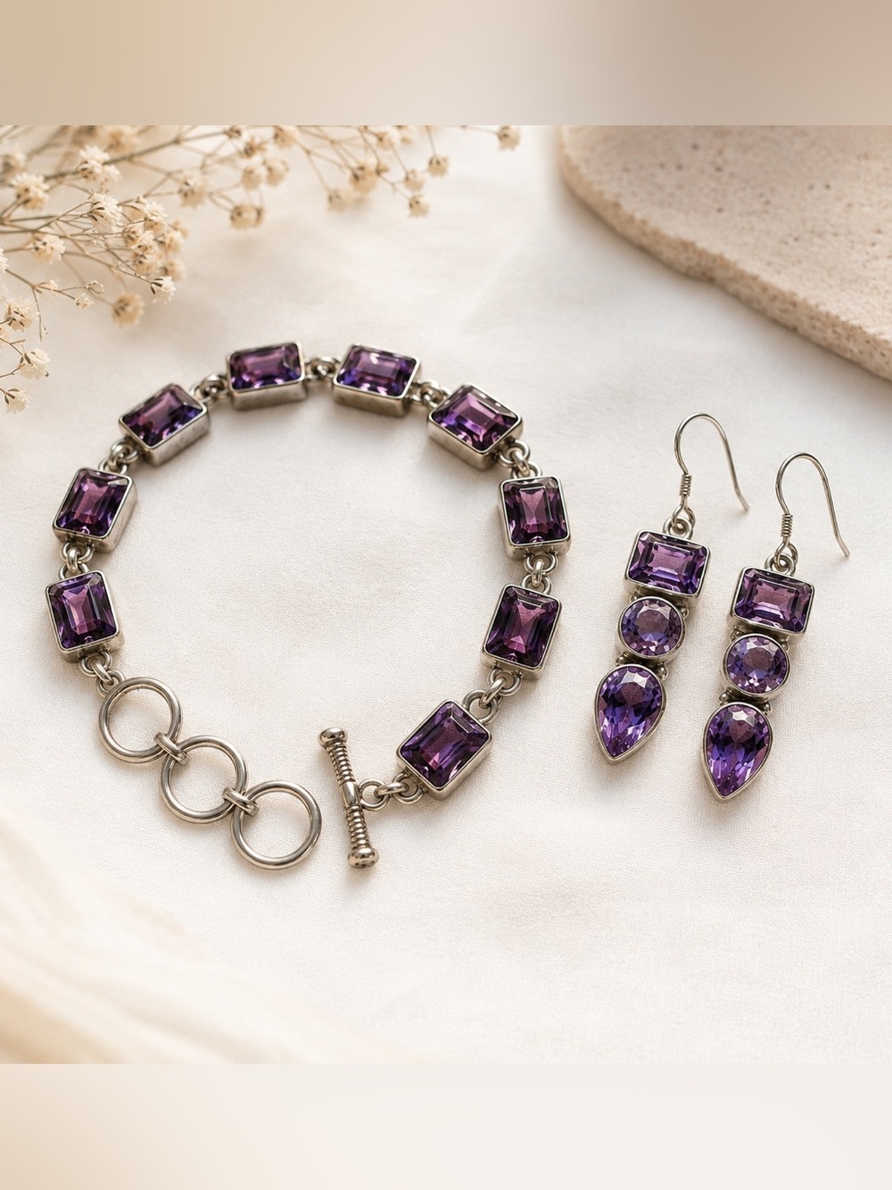 Vintage 925 Sterling Silver Amethyst Jewelry Set 6.5”-8” Bracelet & Earrings
